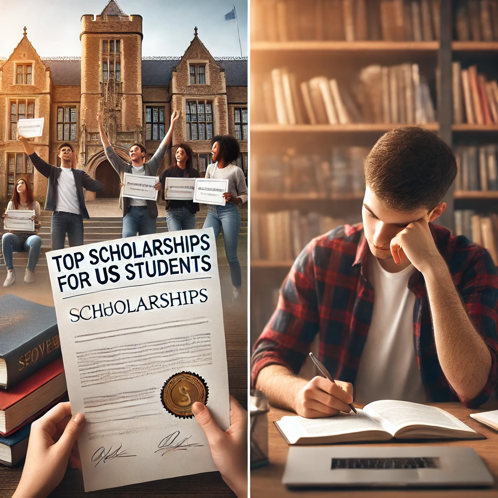 Create two realistic and cinematic images for a blog post titled 'Top Scholarships for US Students.' The first image should depict a diverse group of students celebrating their scholarship achievements, holding certificates or award letters, with a university building in the background. The second image should showcase a close-up of a student studying at a desk with a scholarship acceptance letter, books, and a laptop, emphasizing focus and determination.